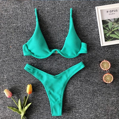 OMKAGI Brand Swimwear Women Solid Bikini Swimsuit High Cut Sexy Push Up Biquini Bathing Suit Beachwear Underwire Bikini 2019