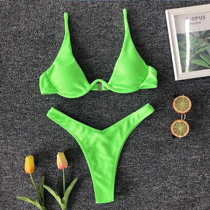 OMKAGI Brand Swimwear Women Solid Bikini Swimsuit High Cut Sexy Push Up Biquini Bathing Suit Beachwear Underwire Bikini 2019