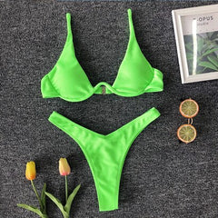 OMKAGI Brand Swimwear Women Solid Bikini Swimsuit High Cut Sexy Push Up Biquini Bathing Suit Beachwear Underwire Bikini 2019
