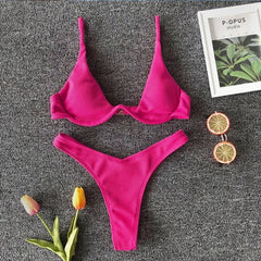 OMKAGI Brand Swimwear Women Solid Bikini Swimsuit High Cut Sexy Push Up Biquini Bathing Suit Beachwear Underwire Bikini 2019